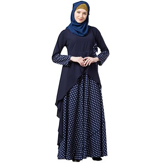 Polka dotted asymmetrical dress- Navy Blue